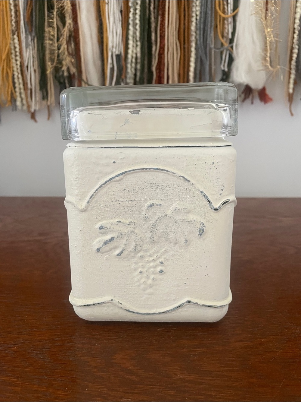 Cream Decorative Glass-Top Canister with Embossed Grape Motif